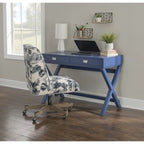 Bureau d'écriture monoposte en MDF et pin X-Frame, coloris turquoise/marine/gris, avec 2 tiroirs