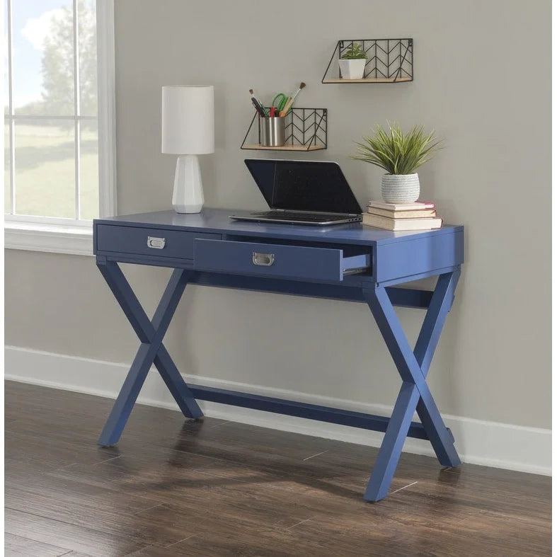 Bureau d'écriture monoposte en MDF et pin X-Frame, coloris turquoise/marine/gris, avec 2 tiroirs