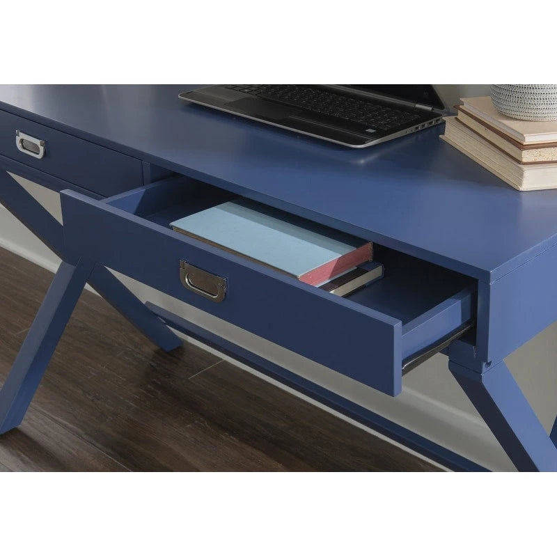 Bureau d'écriture monoposte en MDF et pin X-Frame, coloris turquoise/marine/gris, avec 2 tiroirs