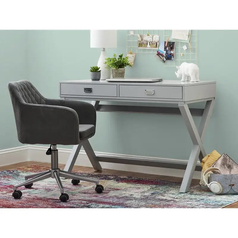 Bureau d'écriture monoposte en MDF et pin X-Frame, coloris turquoise/marine/gris, avec 2 tiroirs