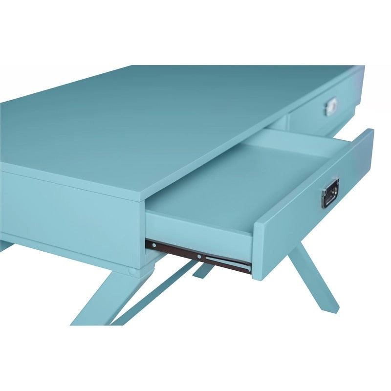 Bureau d'écriture monoposte en MDF et pin X-Frame, coloris turquoise/marine/gris, avec 2 tiroirs
