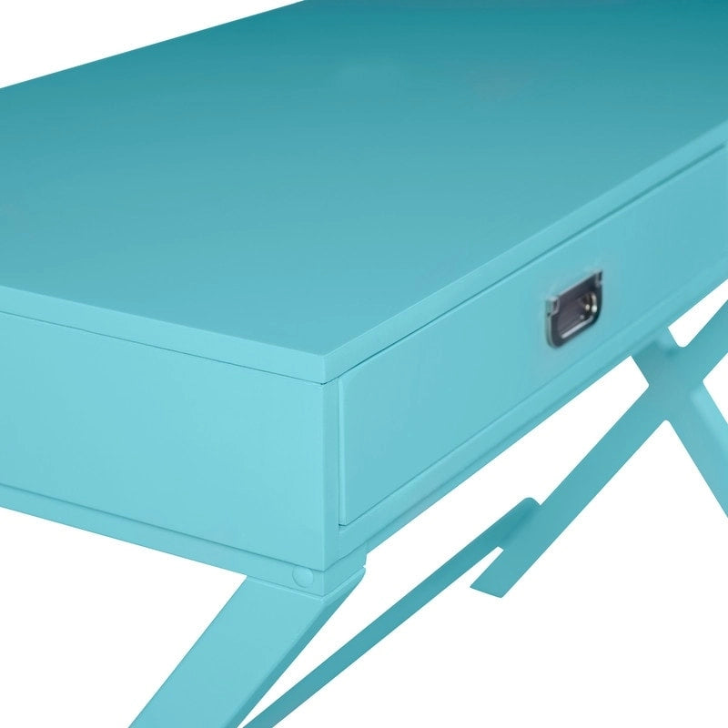 Bureau d'écriture monoposte en MDF et pin X-Frame, coloris turquoise/marine/gris, avec 2 tiroirs