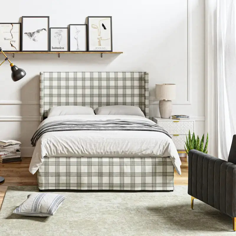 Lit plateforme traditionnel avec housse lavable, tête de lit à oreilles et rangement sous le lit – Grand lit / Très grand lit, 2 personnes