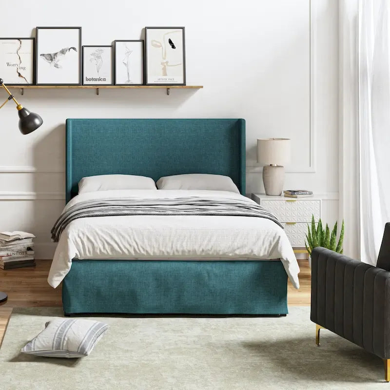 Lit plateforme traditionnel avec housse lavable, tête de lit à oreilles et rangement sous le lit – Grand lit / Très grand lit, 2 personnes