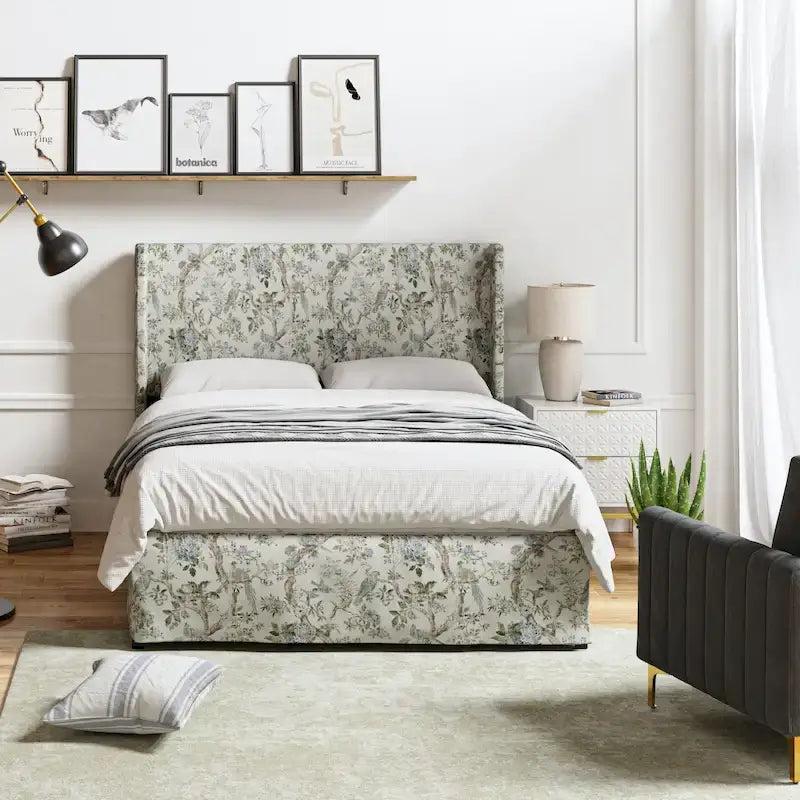 Lit plateforme traditionnel avec housse lavable, tête de lit à oreilles et rangement sous le lit – Grand lit / Très grand lit, 2 personnes