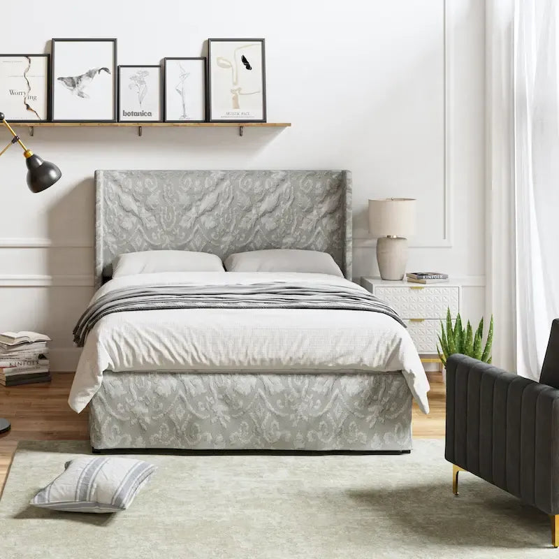 Lit plateforme traditionnel avec housse lavable, tête de lit à oreilles et rangement sous le lit – Grand lit / Très grand lit, 2 personnes