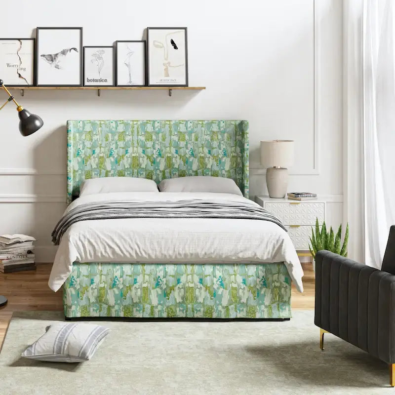 Lit plateforme traditionnel avec housse lavable, tête de lit à oreilles et rangement sous le lit – Grand lit / Très grand lit, 2 personnes