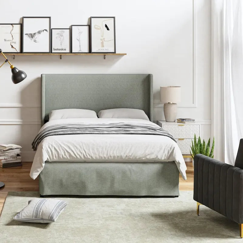 Lit plateforme traditionnel avec housse lavable, tête de lit à oreilles et rangement sous le lit – Grand lit / Très grand lit, 2 personnes