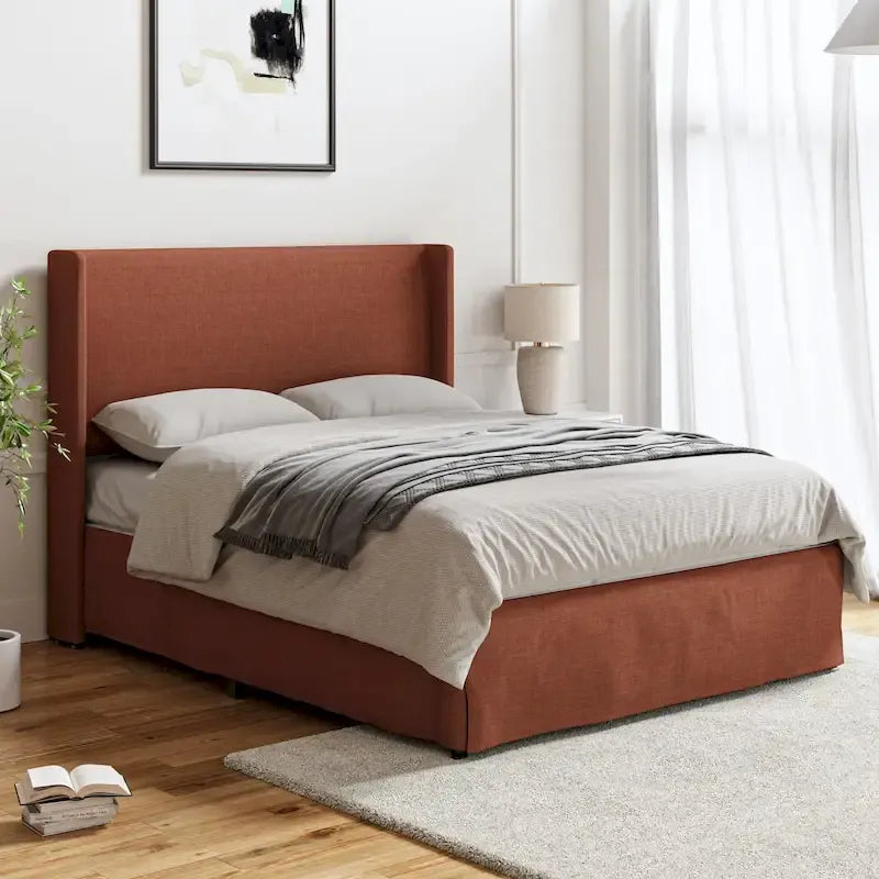 Lit plateforme traditionnel avec housse lavable, tête de lit à oreilles et rangement sous le lit – Grand lit / Très grand lit, 2 personnes