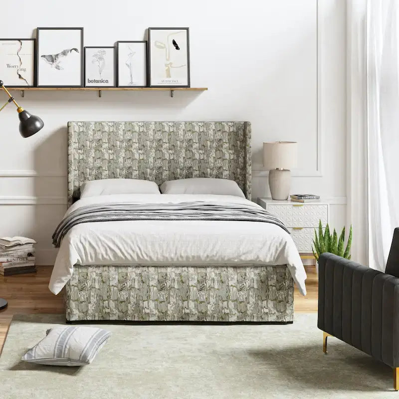 Lit plateforme traditionnel avec housse lavable, tête de lit à oreilles et rangement sous le lit – Grand lit / Très grand lit, 2 personnes