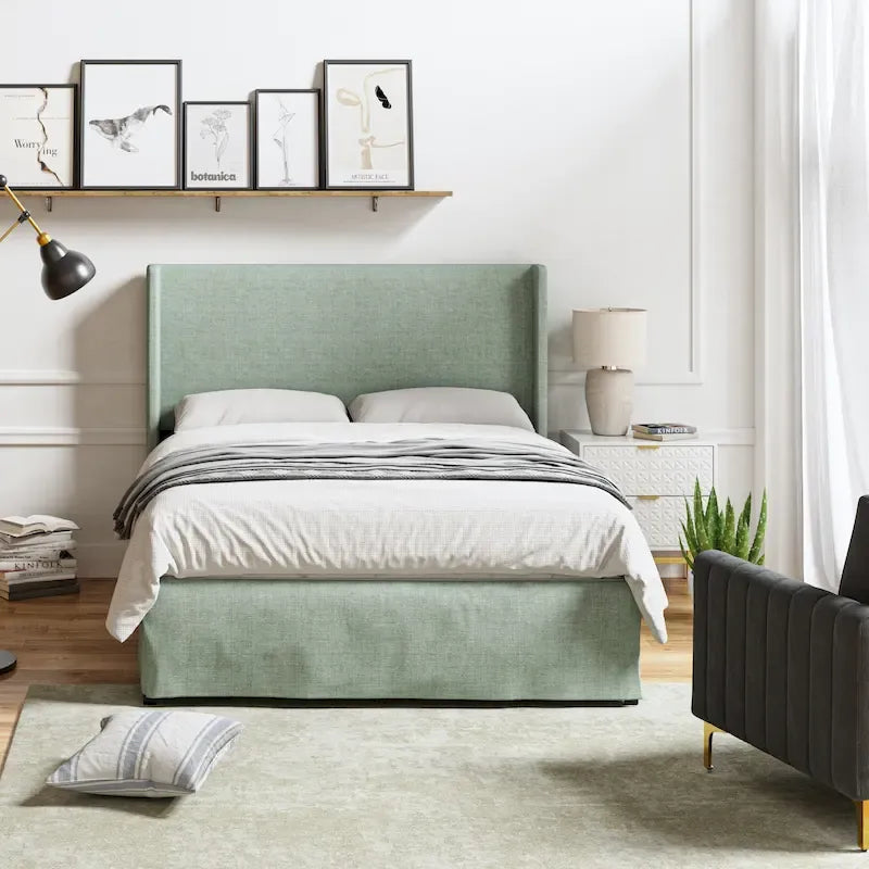 Lit plateforme traditionnel avec housse lavable, tête de lit à oreilles et rangement sous le lit – Grand lit / Très grand lit, 2 personnes
