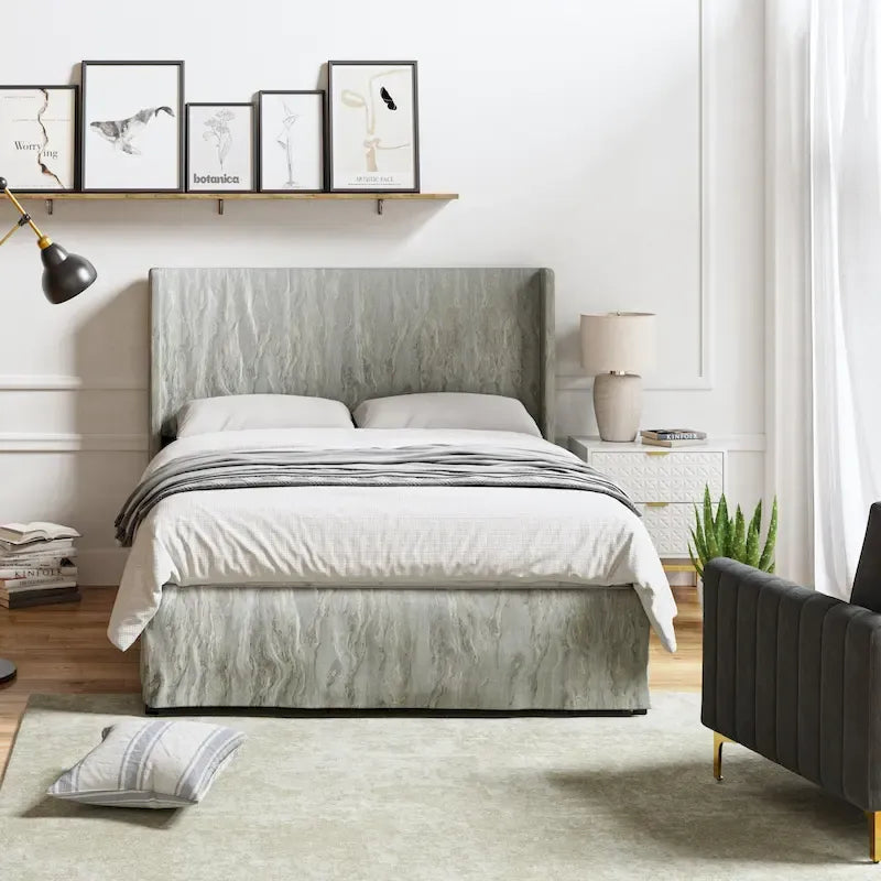 Lit plateforme traditionnel avec housse lavable, tête de lit à oreilles et rangement sous le lit – Grand lit / Très grand lit, 2 personnes