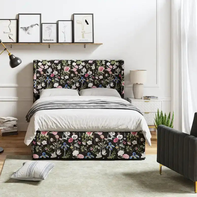 Lit plateforme traditionnel avec housse lavable, tête de lit à oreilles et rangement sous le lit – Grand lit / Très grand lit, 2 personnes