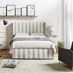 Lit plateforme traditionnel avec housse lavable, tête de lit à oreilles et rangement sous le lit – Grand lit / Très grand lit, 2 personnes