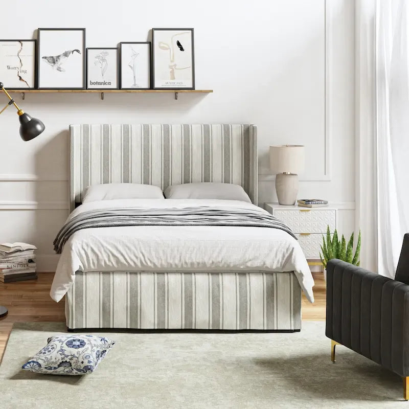 Lit plateforme traditionnel avec housse lavable, tête de lit à oreilles et rangement sous le lit – Grand lit / Très grand lit, 2 personnes