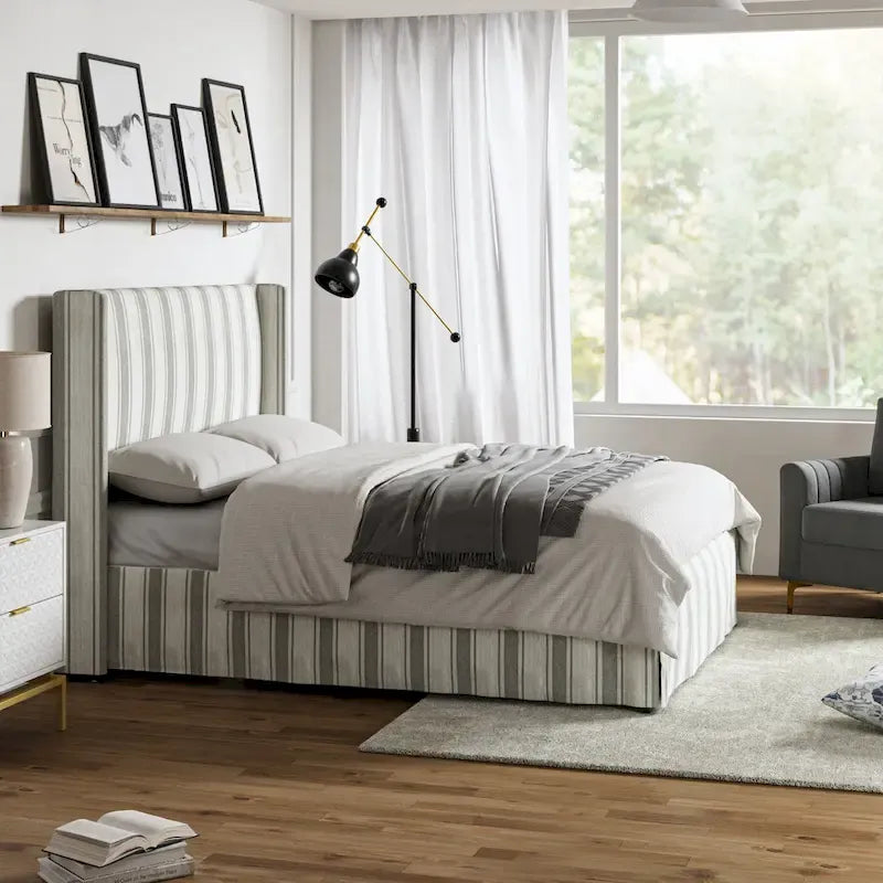 Lit plateforme traditionnel avec housse lavable, tête de lit à oreilles et rangement sous le lit – Grand lit / Très grand lit, 2 personnes
