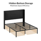 Lit plateforme traditionnel avec housse lavable, tête de lit à oreilles et rangement sous le lit – Grand lit / Très grand lit, 2 personnes