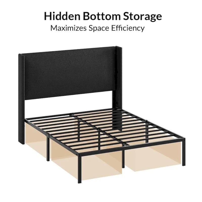 Lit plateforme traditionnel avec housse lavable, tête de lit à oreilles et rangement sous le lit – Grand lit / Très grand lit, 2 personnes