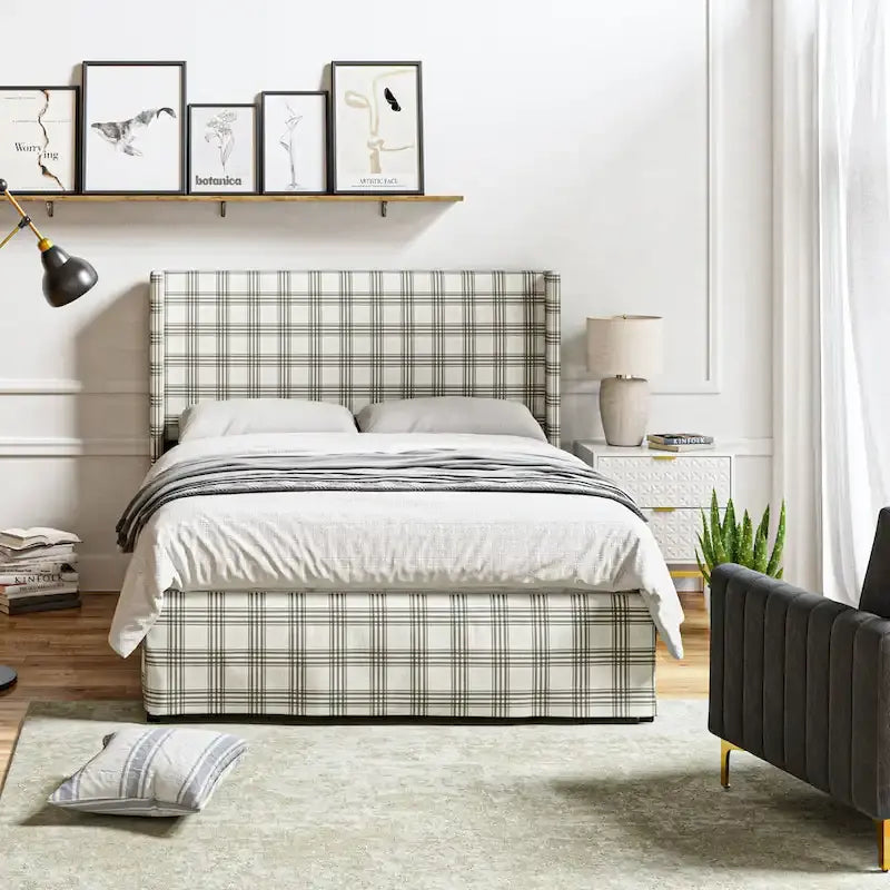 Lit plateforme traditionnel avec housse lavable, tête de lit à oreilles et rangement sous le lit – Grand lit / Très grand lit, 2 personnes