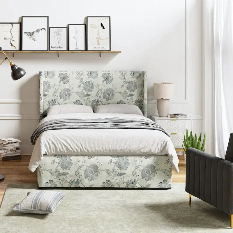 Lit plateforme traditionnel avec housse lavable, tête de lit à oreilles et rangement sous le lit – Grand lit / Très grand lit, 2 personnes