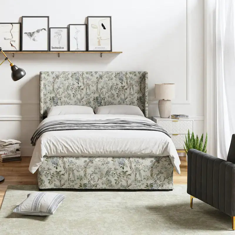 Lit plateforme traditionnel avec housse lavable, tête de lit à oreilles et rangement sous le lit – Grand lit / Très grand lit, 2 personnes