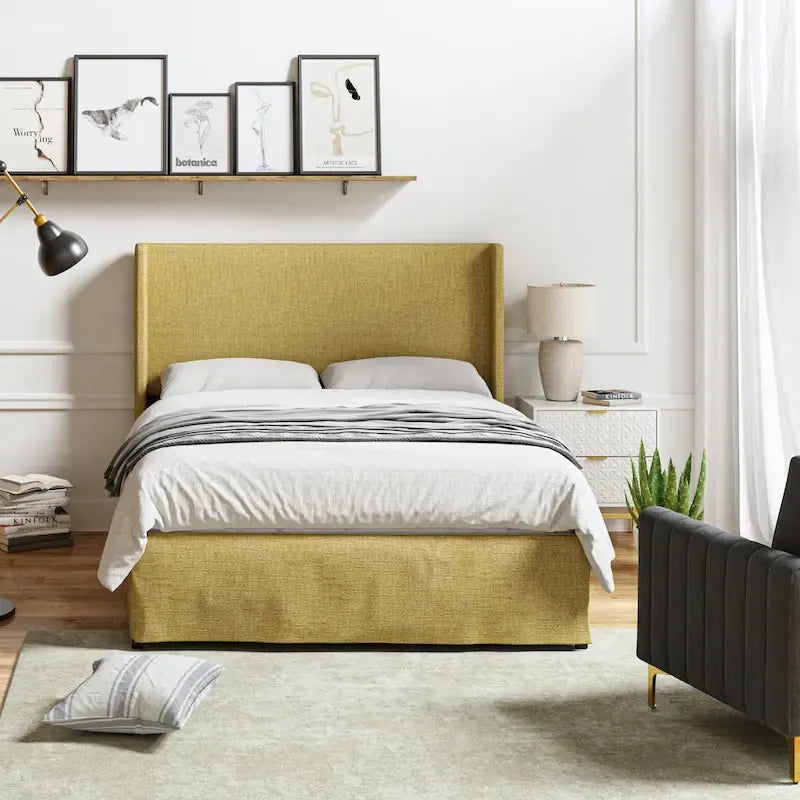 Lit plateforme traditionnel avec housse lavable, tête de lit à oreilles et rangement sous le lit – Grand lit / Très grand lit, 2 personnes