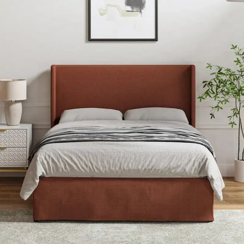 Lit plateforme traditionnel avec housse lavable, tête de lit à oreilles et rangement sous le lit – Grand lit / Très grand lit, 2 personnes