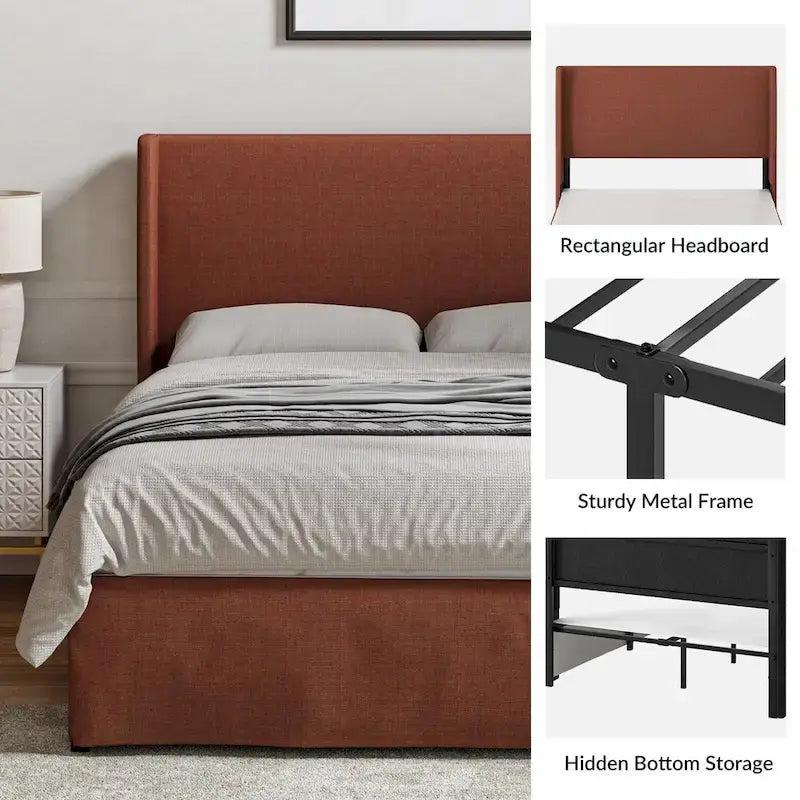 Lit plateforme traditionnel avec housse lavable, tête de lit à oreilles et rangement sous le lit – Grand lit / Très grand lit, 2 personnes