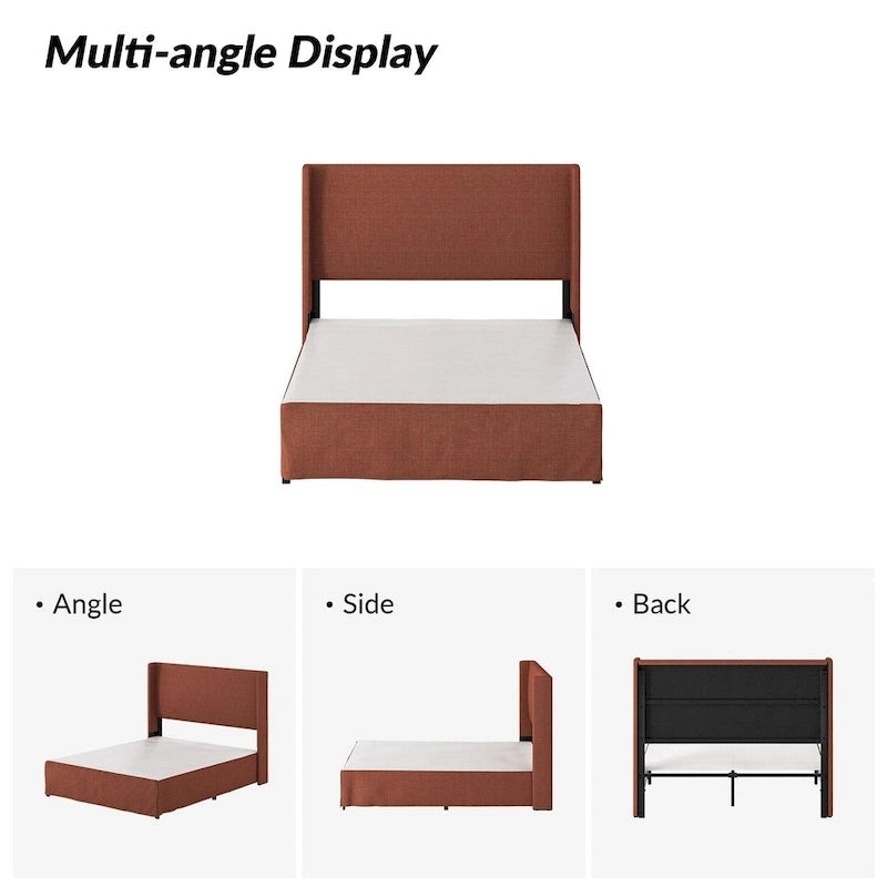 Lit plateforme traditionnel avec housse lavable, tête de lit à oreilles et rangement sous le lit – Grand lit / Très grand lit, 2 personnes