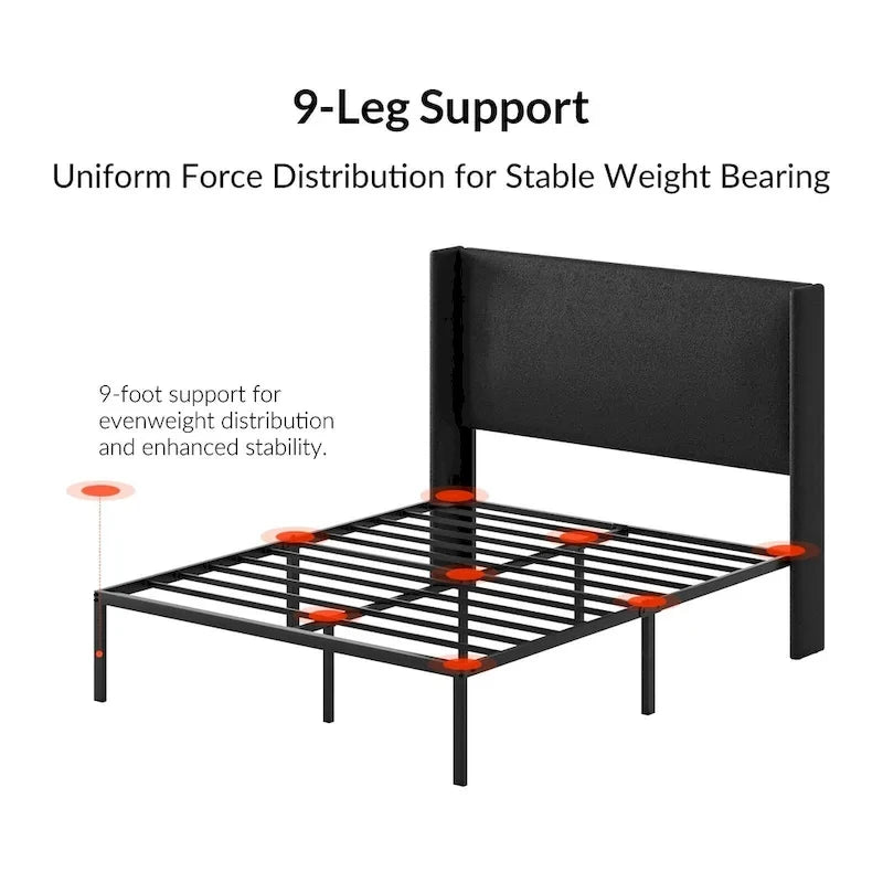 Lit plateforme traditionnel avec housse lavable, tête de lit à oreilles et rangement sous le lit – Grand lit / Très grand lit, 2 personnes