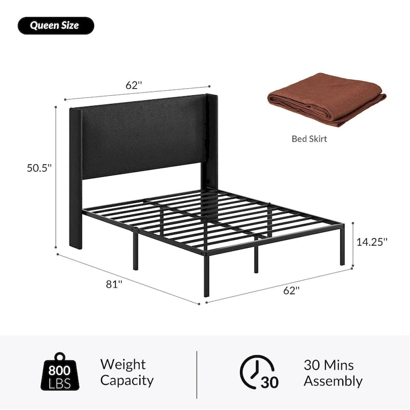 Lit plateforme traditionnel avec housse lavable, tête de lit à oreilles et rangement sous le lit – Grand lit / Très grand lit, 2 personnes