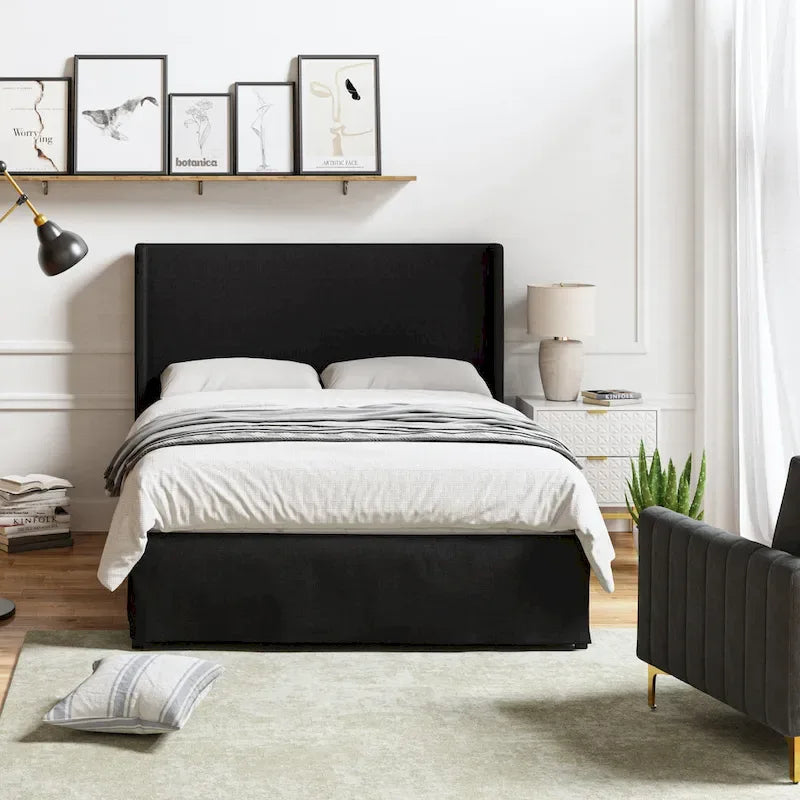 Lit plateforme traditionnel avec housse lavable, tête de lit à oreilles et rangement sous le lit – Grand lit / Très grand lit, 2 personnes