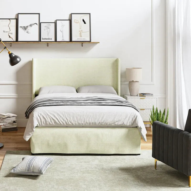 Lit plateforme traditionnel avec housse lavable, tête de lit à oreilles et rangement sous le lit – Grand lit / Très grand lit, 2 personnes