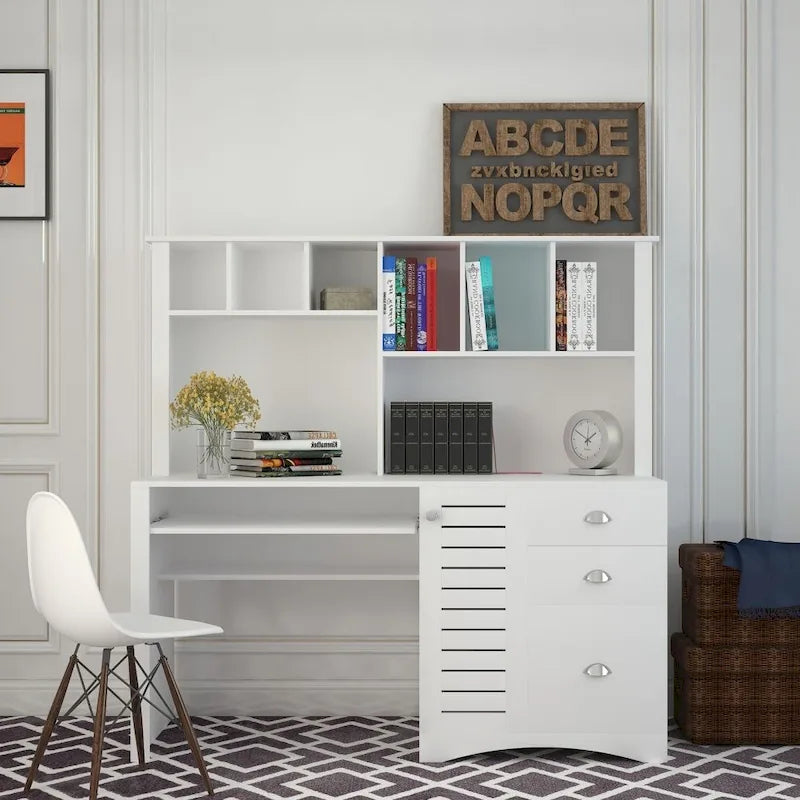 Bureau informatique marron/blanc/chêne avec huche, 3 tiroirs et étagères ouvertes