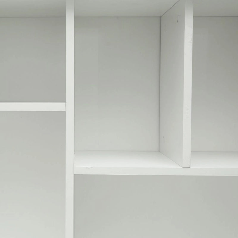 Bureau informatique marron/blanc/chêne avec huche, 3 tiroirs et étagères ouvertes
