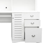 Bureau informatique marron/blanc/chêne avec huche, 3 tiroirs et étagères ouvertes
