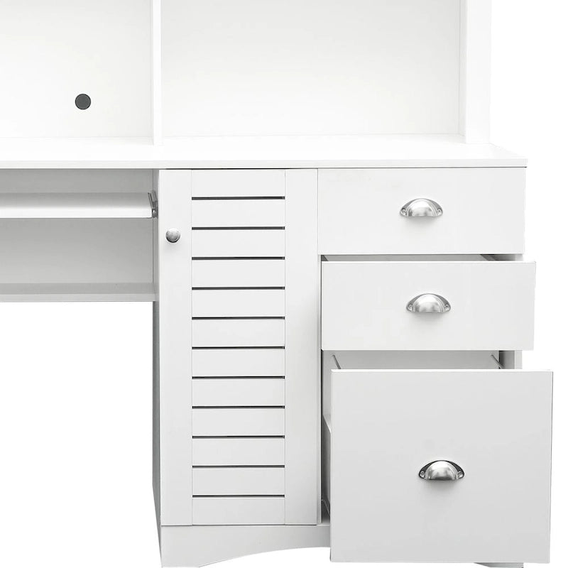 Bureau informatique marron/blanc/chêne avec huche, 3 tiroirs et étagères ouvertes