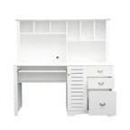 Bureau informatique marron/blanc/chêne avec huche, 3 tiroirs et étagères ouvertes