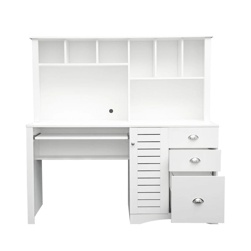 Bureau informatique marron/blanc/chêne avec huche, 3 tiroirs et étagères ouvertes