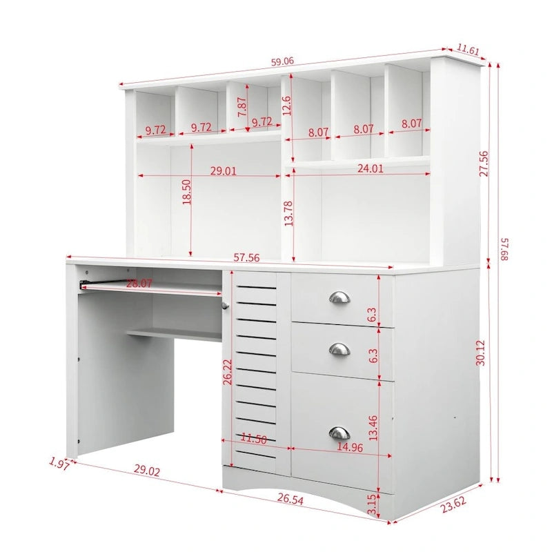 Bureau informatique marron/blanc/chêne avec huche, 3 tiroirs et étagères ouvertes