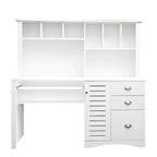 Bureau informatique marron/blanc/chêne avec huche, 3 tiroirs et étagères ouvertes