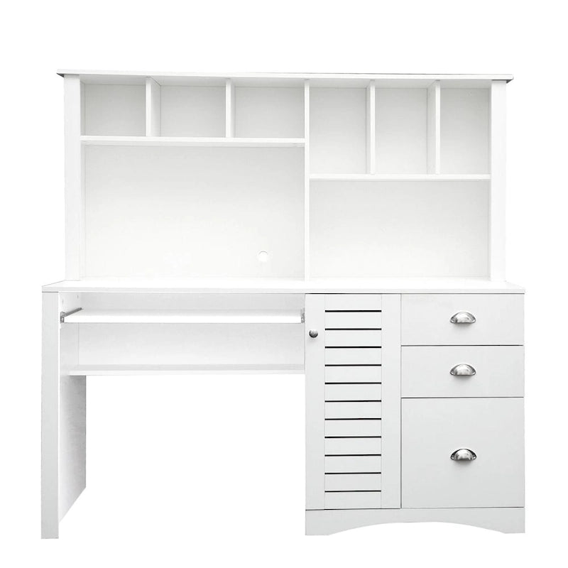 Bureau informatique marron/blanc/chêne avec huche, 3 tiroirs et étagères ouvertes