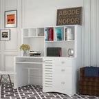 Bureau informatique marron/blanc/chêne avec huche, 3 tiroirs et étagères ouvertes