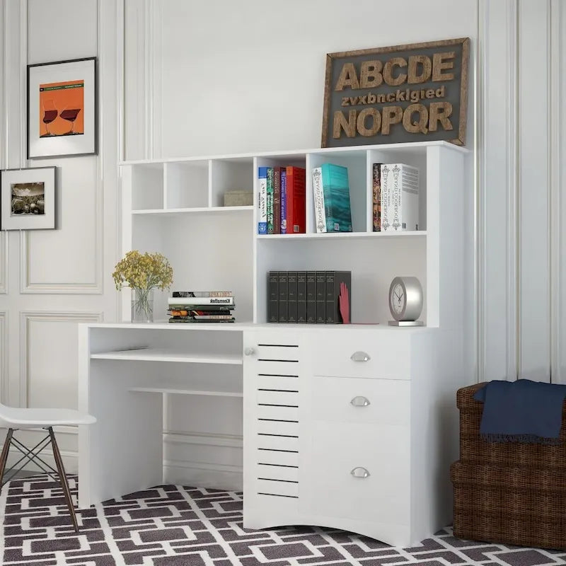 Bureau informatique marron/blanc/chêne avec huche, 3 tiroirs et étagères ouvertes