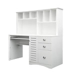 Bureau informatique marron/blanc/chêne avec huche, 3 tiroirs et étagères ouvertes