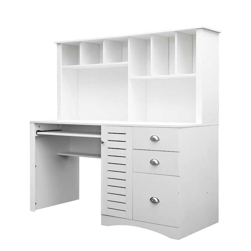 Bureau informatique marron/blanc/chêne avec huche, 3 tiroirs et étagères ouvertes