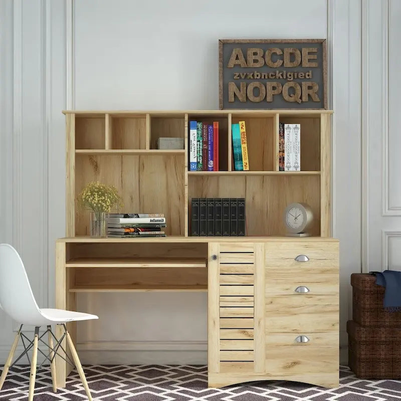Bureau informatique marron/blanc/chêne avec huche, 3 tiroirs et étagères ouvertes