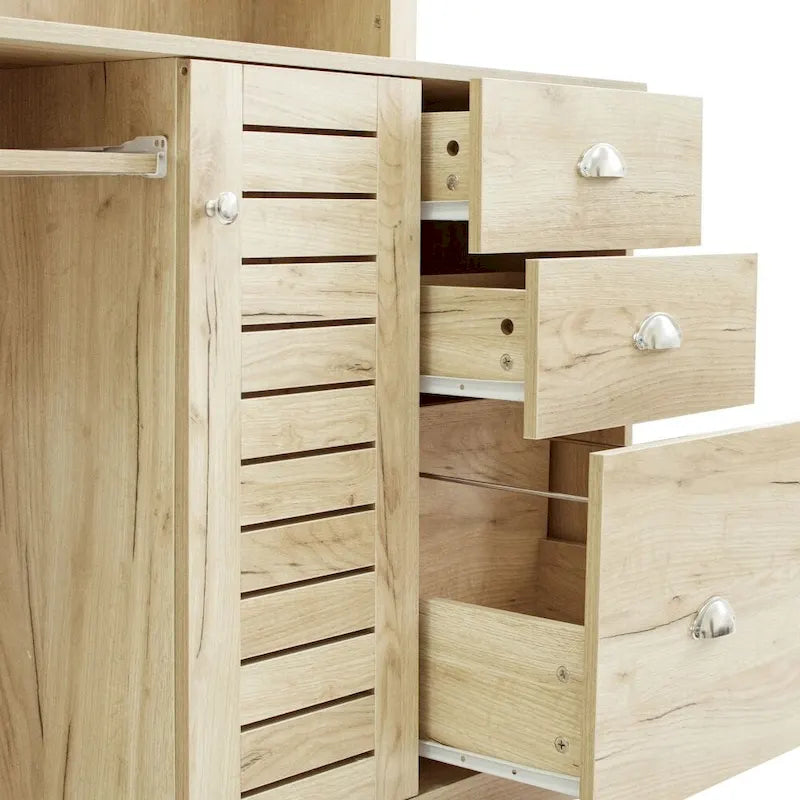 Bureau informatique marron/blanc/chêne avec huche, 3 tiroirs et étagères ouvertes