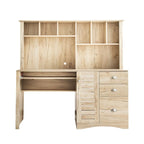 Bureau informatique marron/blanc/chêne avec huche, 3 tiroirs et étagères ouvertes