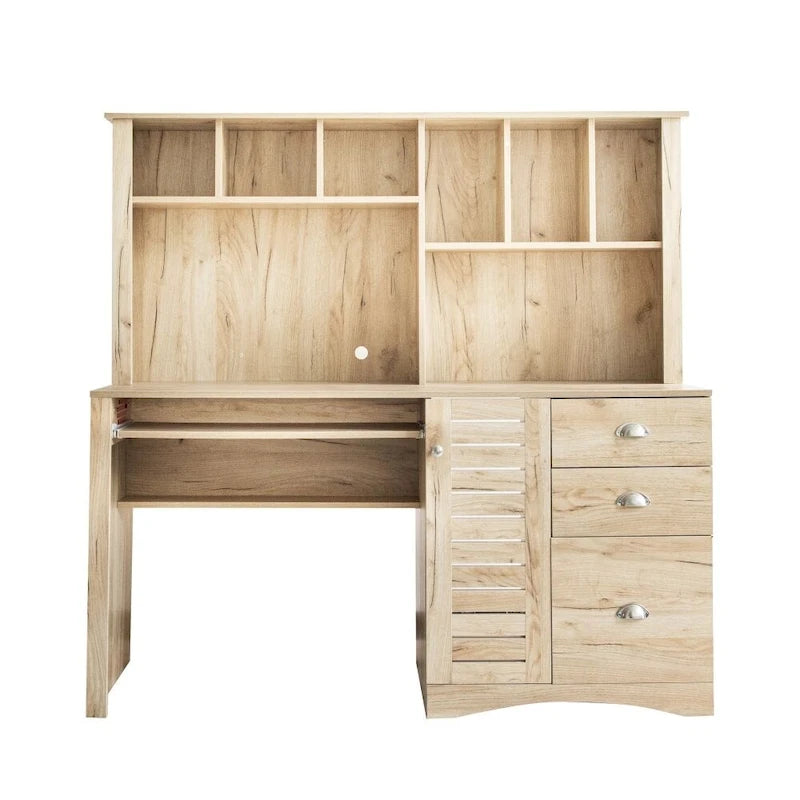 Bureau informatique marron/blanc/chêne avec huche, 3 tiroirs et étagères ouvertes